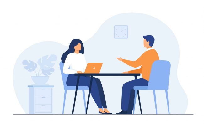 Image of people talking illustrates blog:; "Common Mistakes to Avoid During the Hire Process"